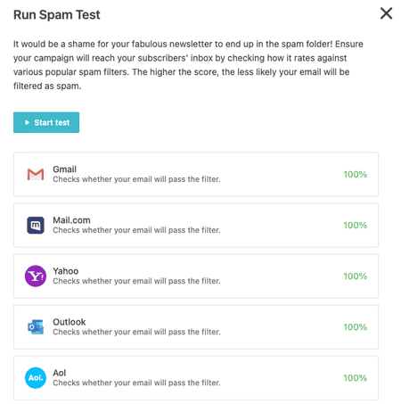 comprobaciones de prueba de spam de Moosend