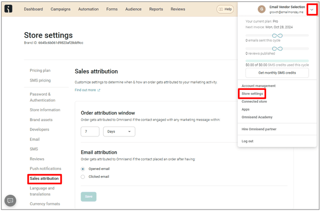 configuración de la atribución de ventas de Omnisend