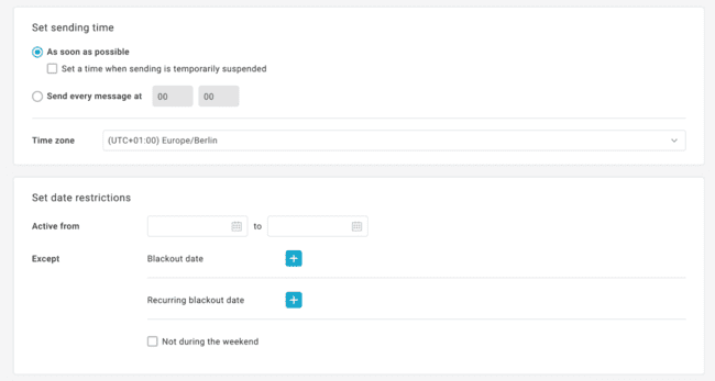 configuración de la restricción de hora y fecha de la automatización en Mailup