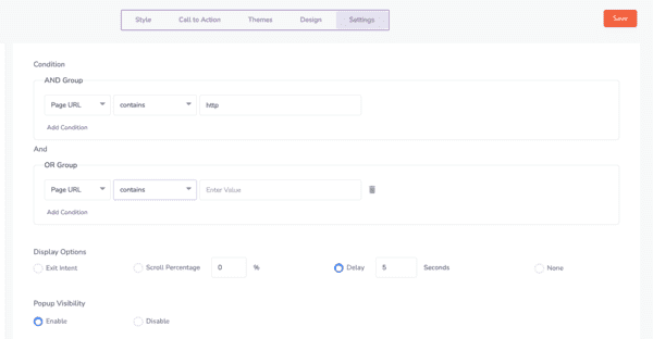 configuración de la ventana emergente reseña de Engagebay