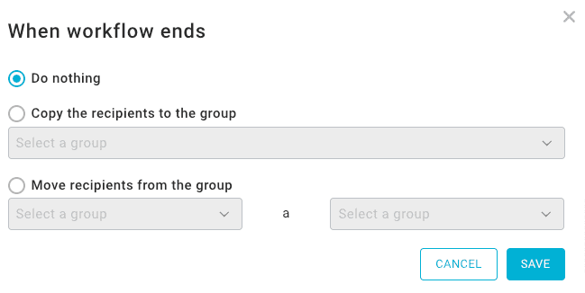 configuración de lo que sucede al finalizar el flujo de trabajo en Mailup