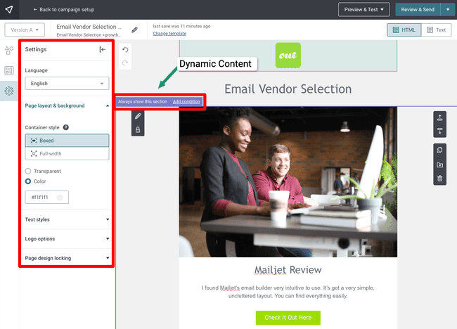 configuración del editor de campañas de correo electrónico