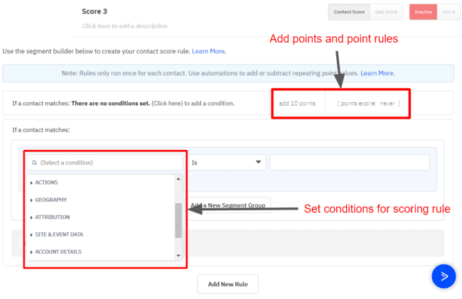 configurar reglas de puntuación de clientes potenciales en el crm de ventas ActiveCampaign