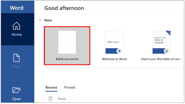 creación de un documento en blanco en Microsoft Word
