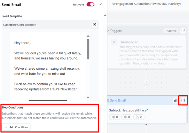 edición de pasos y adición de condiciones en el generador de automatización de beehiiv