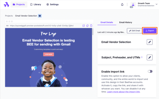 exportar un correo electrónico html a gmail desde BEE