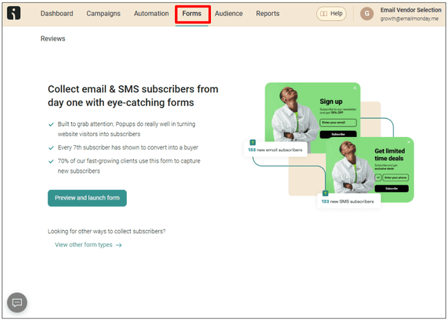 formularios de registro de Omnisend para vendedores de comercio electrónico