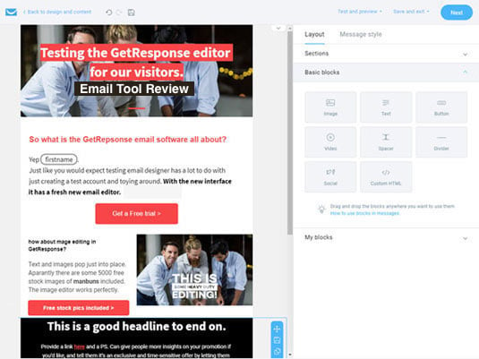 getresponse review email editor drag and drop test