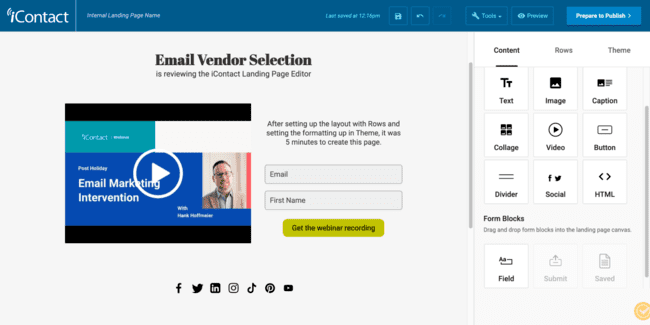 iContact review landing page editor