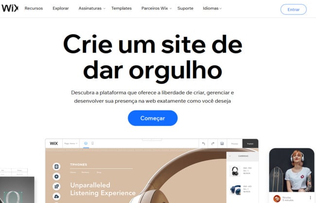 pagina inicial da ferramenta de ecommerce wix stores