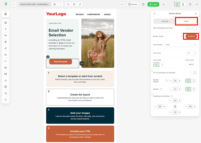 incluir un botón CTA en el editor de email de Stripo