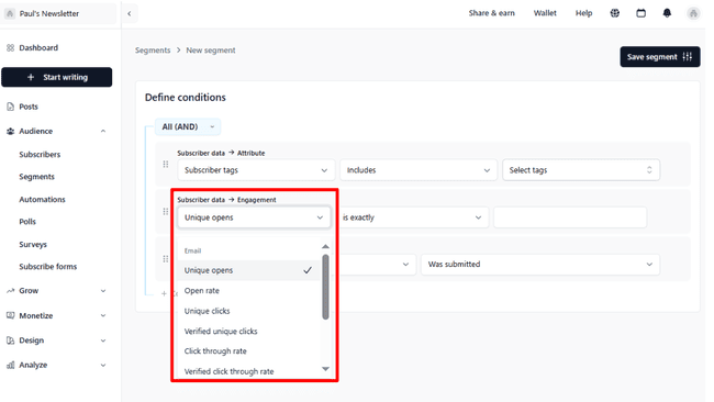 making segments with engagement data in beehiiv