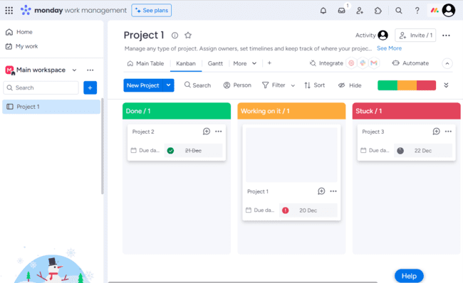 monday.com Tablero Kanban para gestionar proyectos