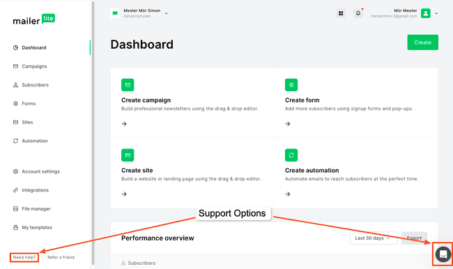 need help button for MailerLite support