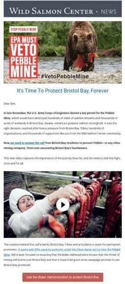 nonprofit petition email from the Wild Salmon Center
