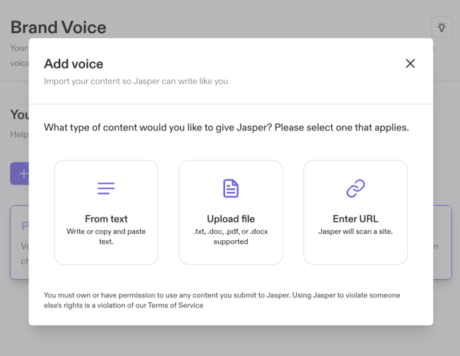 opción de seleccionar contenido en Jasper