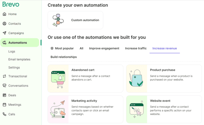 opciones de automatización del flujo de trabajo de Brevo