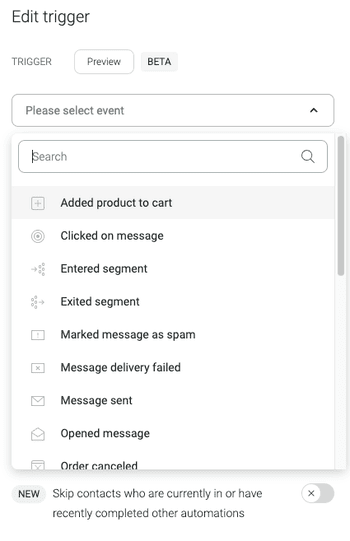 opciones de desencadenante del flujo de trabajo de correo electrónico de Omnisend
