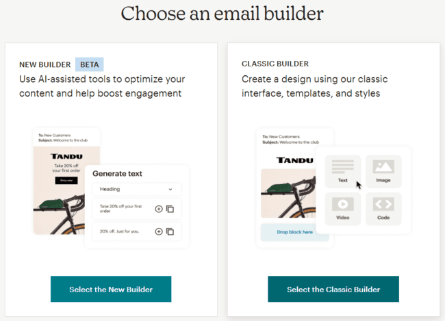 opciones del creador de correo electrónico en Mailchimp