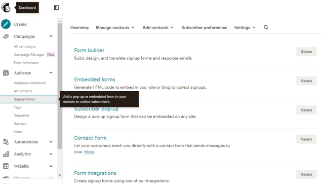 options for creating sign-up forms in Mailchimp