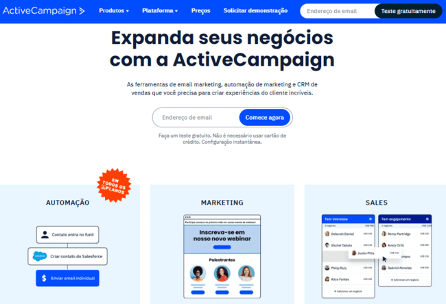 página de inscrição gratuita do Active Campaign