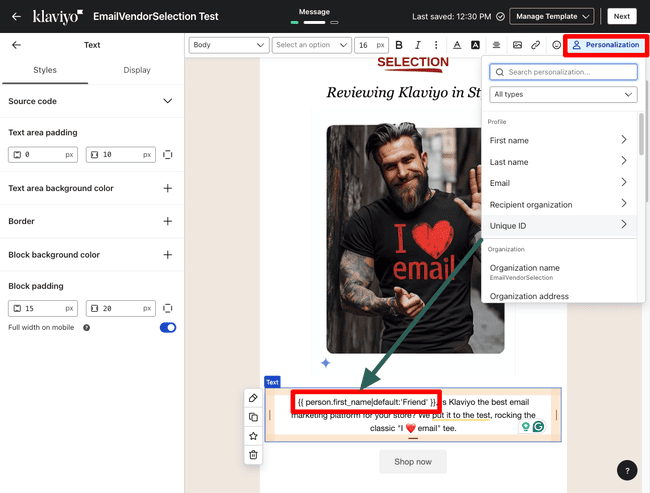 personalizar el texto del email en Klaviyo