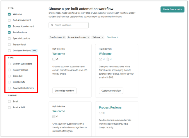 plantillas de flujo de trabajo de automatización de marketing de Omnisend