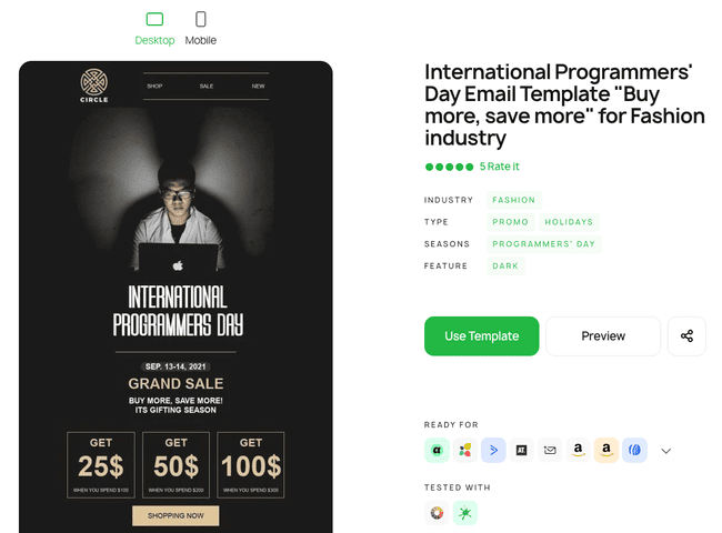 preview page for a chosen email template