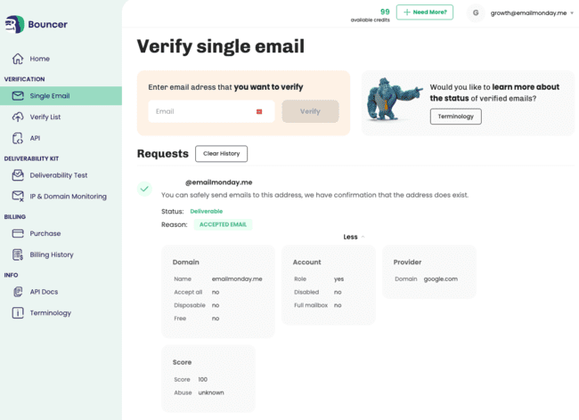 reseña de Bouncer validación de un solo email