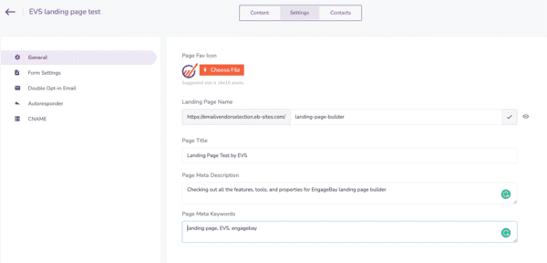 reseña de Engagebay configuración de landing page