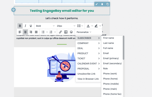 reseña de Engagebay contenido de correo electrónico dinámico