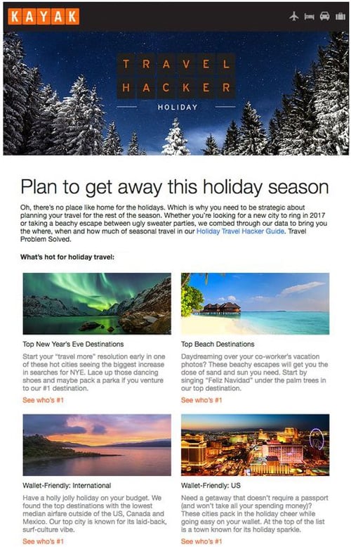 seasonal email example kayak travel