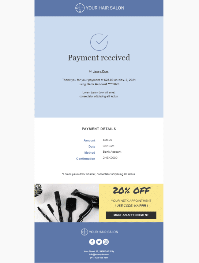 simple payment received email message template