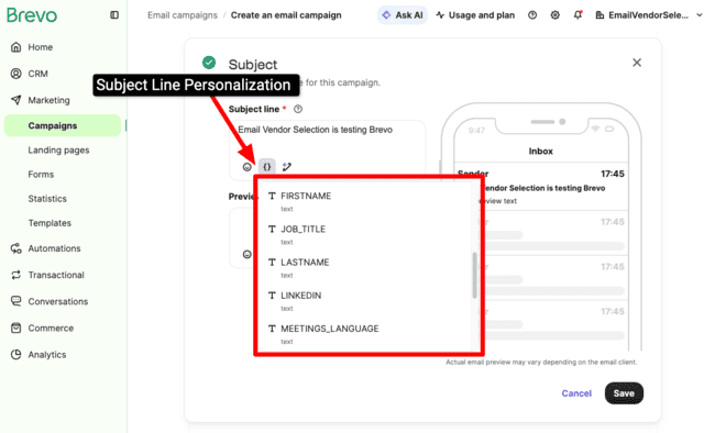 subject line personalization in Brevo