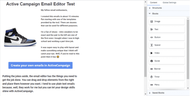 teste do editor de e-mail da ActiveCampaign