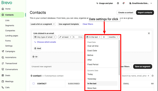 time options link click filters in Brevo