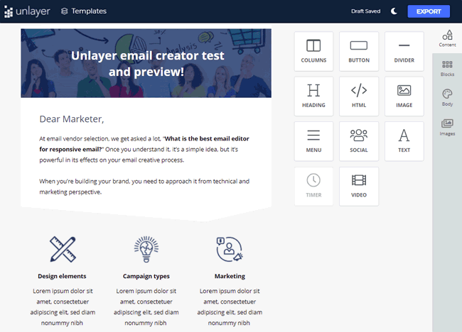 Unlayer email creator template design