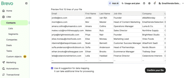 uploading a spreadsheet to Brevo