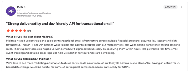 user testimonial for Mailtrap’s SMTP and API service