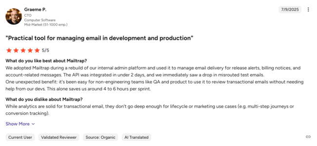 user testimonial on how they use Mailtrap