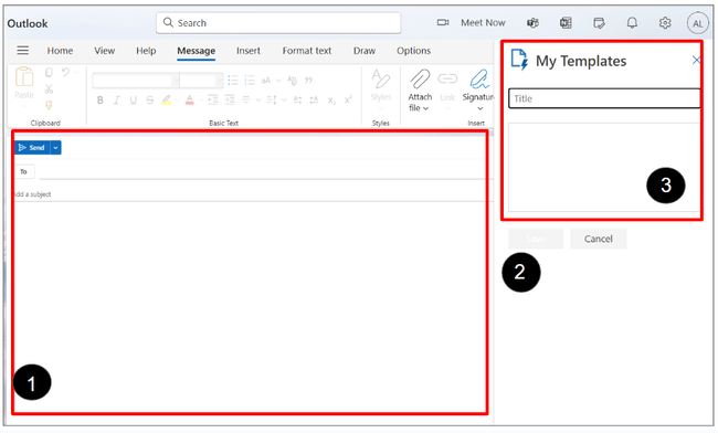ventana de mensajes de Outlook y cuadro de diálogo Mis plantillas