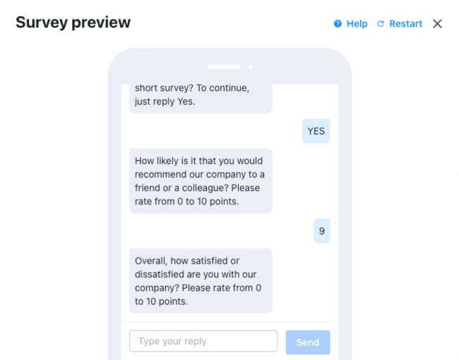 vista previa de la encuesta de opinión del cliente Textmagic Flujo de trabajo de automatización de mensajes de texto SMS