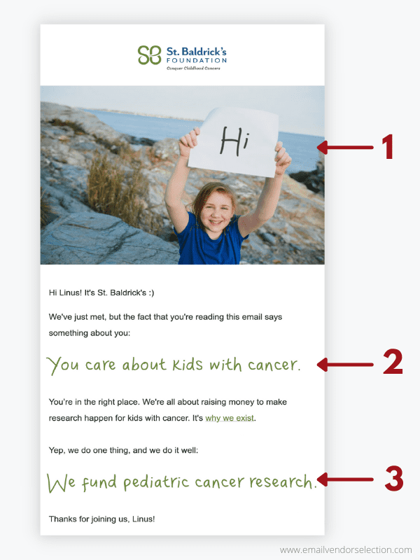 welcome email from St. Baldrick’s Foundation for nonprofits